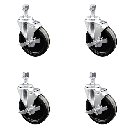 5 Inch SS Phenolic Wheel Swivel ½ Inch Threaded Stem Caster Set Brake SCC